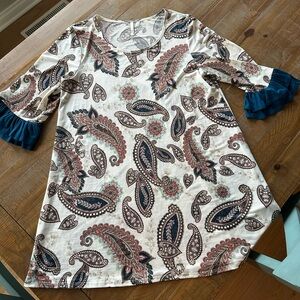 Chic Soul Paisley Ruffle-Sleeve Tunic - Cream, Navy, Rust
